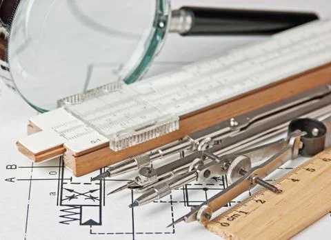 Engineering tools on technical drawing Foto stock