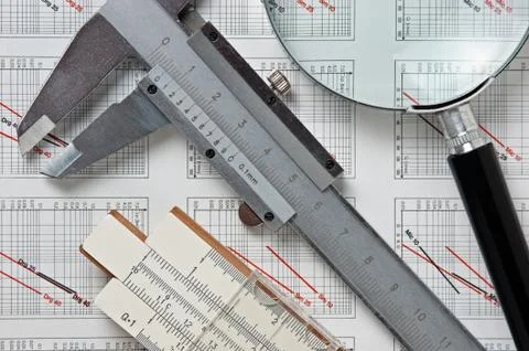 Engineering tools on technical drawing Foto stock