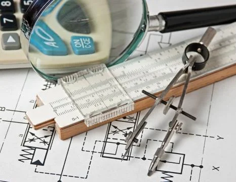 Engineering tools on technical drawing Foto stock