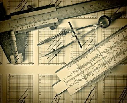 Engineering tools on technical drawing Foto stock