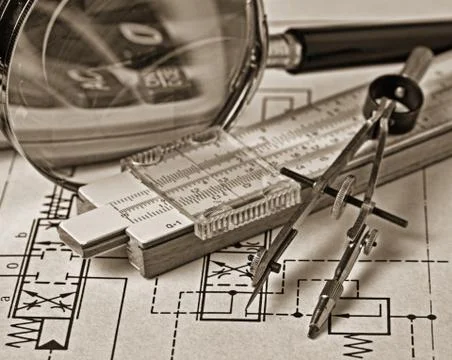 Engineering tools on technical drawing Foto stock