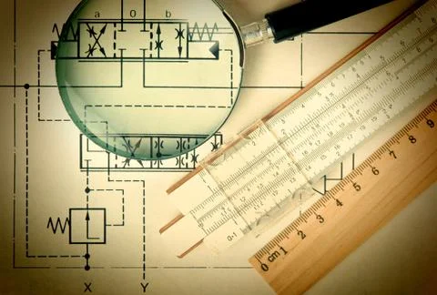 Engineering tools on technical drawing Foto stock