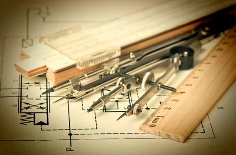 Engineering tools on technical drawing Foto stock