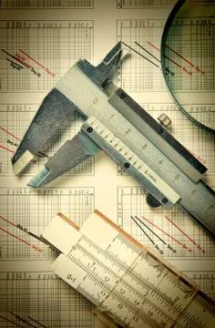 Engineering tools on technical drawing Foto stock