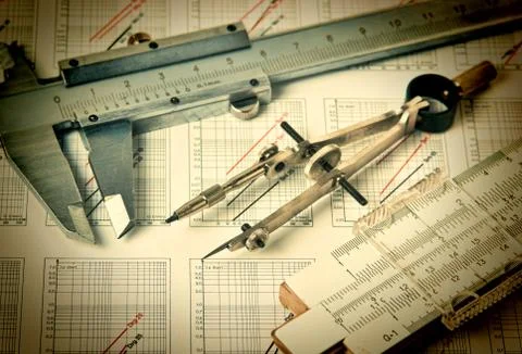 Engineering tools on technical drawing Foto stock