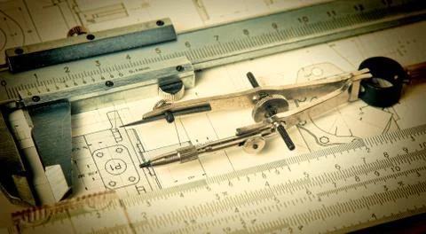Engineering tools on technical drawing Foto stock