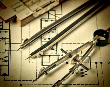 Engineering tools on technical drawing Foto stock