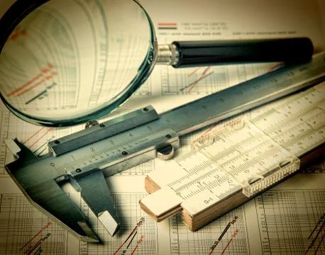 Engineering tools on technical drawing Foto stock