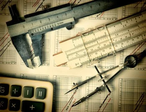Engineering tools on technical drawing Foto stock