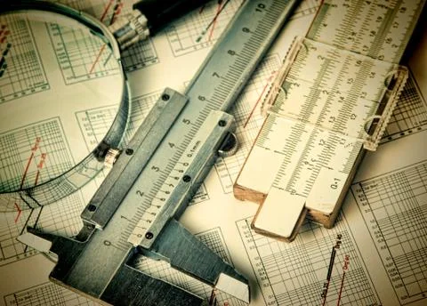 Engineering tools on technical drawing Foto stock