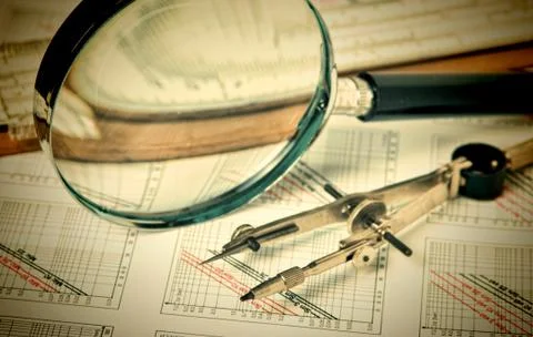 Engineering tools on technical drawing Foto stock