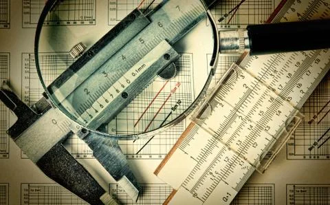 Engineering tools on technical drawing Foto stock