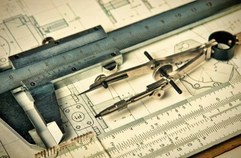 Engineering tools on technical drawing Foto stock