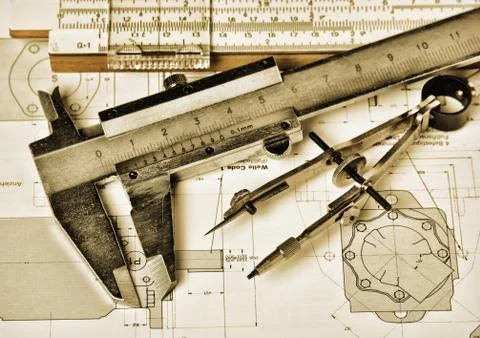 Engineering tools on technical drawing Foto stock