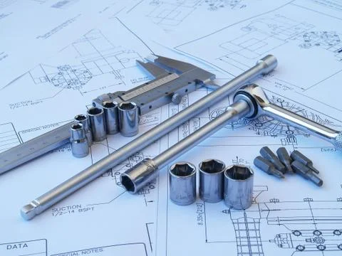 Engineering tools on technical drawing Stock Photos