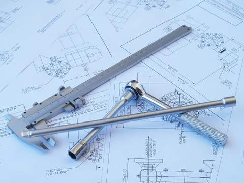Engineering tools on technical drawing Stock Photos
