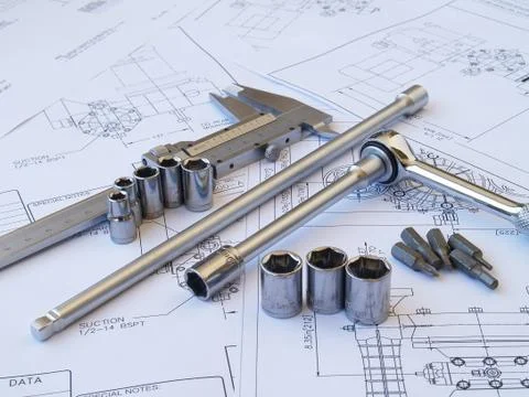 Engineering tools on technical drawing Stock Photos