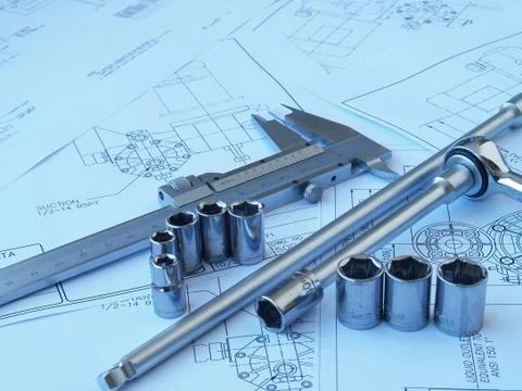 Engineering tools on technical drawing Stock Photos