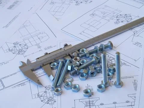 Engineering tools on technical drawing Stock Photos