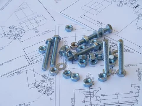 Engineering tools on technical drawing Stock Photos
