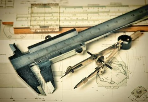 Engineering tools on technical drawing Foto stock