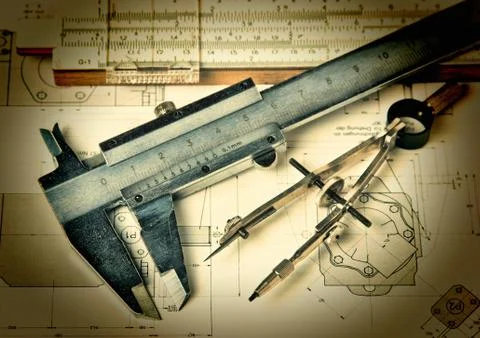 Engineering tools on technical drawing Foto stock