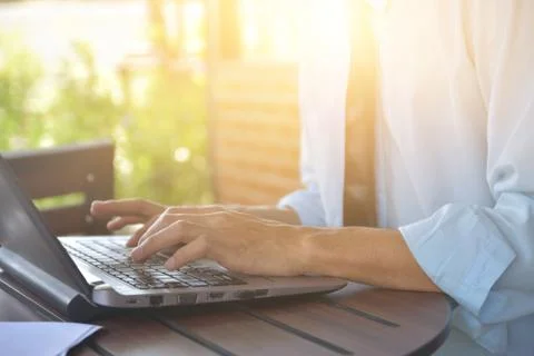 Engineering using computer working check building construction by internet te Stock Photos