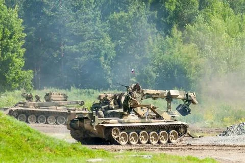 Engineering vehicles and bridge layer MTU-72 Stock Photos