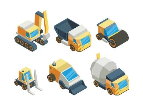 Engineering vehicles isometric 3D vector illustrations set Illustrazione stock
