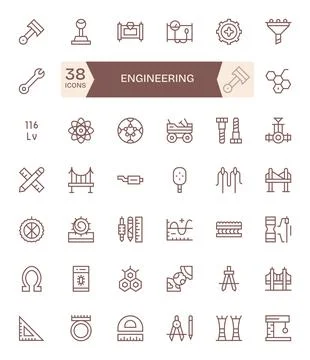 Engineering Visual Pack containing 42 Regular Line Pixel Optimized Vector Ico Stock Illustration