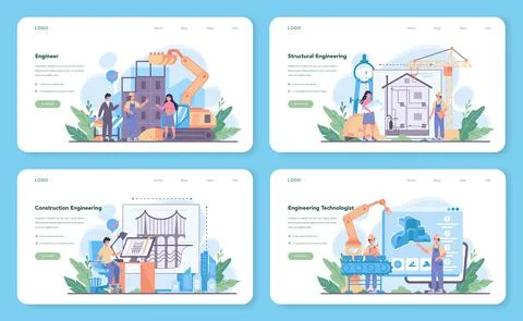 Engineering web banner or landing page set. Technology and science. Illustrazione stock