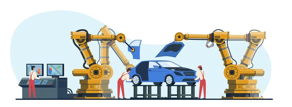 Engineering workers in uniform work in car factory on an automated assembly line Stock Illustration