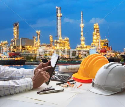 Engineering Working On Computer Tablet Against Beautiful Oil Refinery Backgr