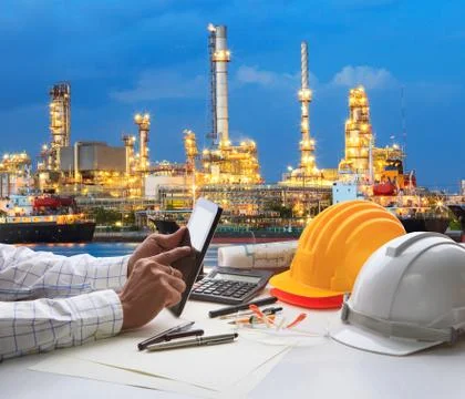 Engineering working on computer tablet  against beautiful oil refinery backgr Stock-Fotos