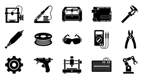 Engineering workshop equipment icons collection for industrial design projects Stock Illustration