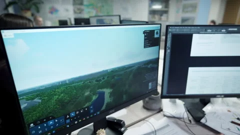 Engineering workspace includes monitors with digital maps Vídeos de archivo 332719493