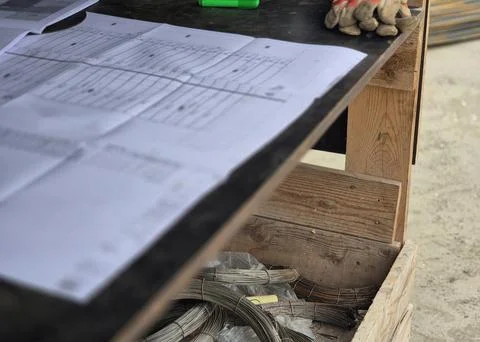 Engineering Workspace on Site with Blueprints and Protective Gloves Stock Photos