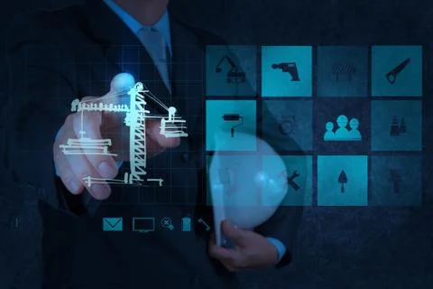 Engineern hand working with new computer interface show building development Ilustración de archivo