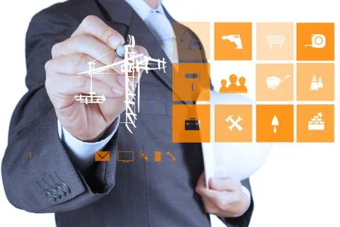 Engineern hand working with new computer interface show building development Illustrazione stock