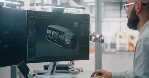 Engineers Analyzing Complex Engine Model on Monitor Stock Footage 325424631