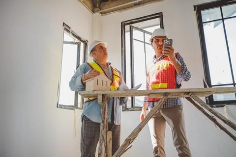 Engineers analyzing house model together during indoor construction plannin.. Stock Photos