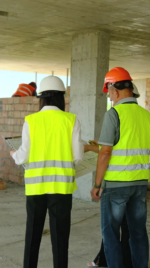 Engineers and builder discuss floor plan of building on shift Stock Footage 317623251