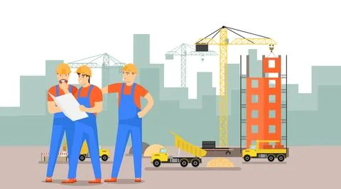 Engineers and builders are planning work on a construction site. Stock Illustration