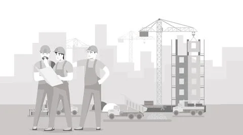 Engineers and builders are planning work on a construction site. Stock Illustration