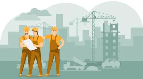 Engineers and builders are planning work on a construction site. Stock Illustration