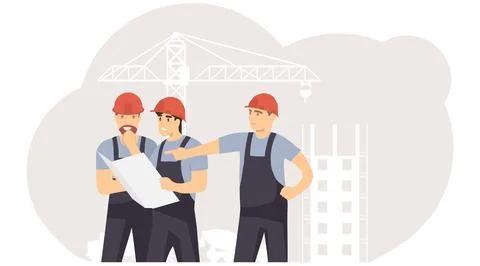 Engineers and builders are planning work on a construction site. Builders Stock Illustration