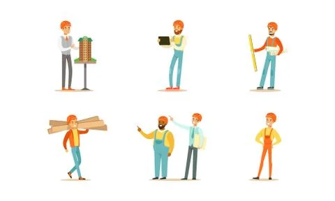Engineers and builders in yellow helmets with tools. Vector illustration on a Stock Illustration