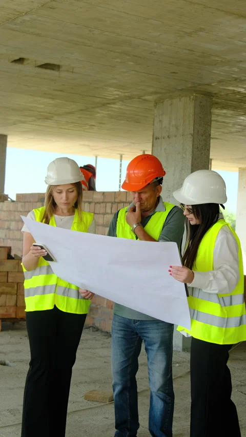 Engineers and construction worker examine changes on floor plan 스톡 동영상 317623537