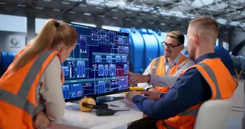 Engineers And Operators Checking Equipment In Power Plant Control Room. Stock Photos