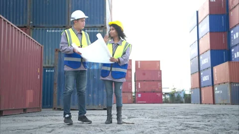 Engineers and technicians inspect the standards of containers Stock Footage 308852050